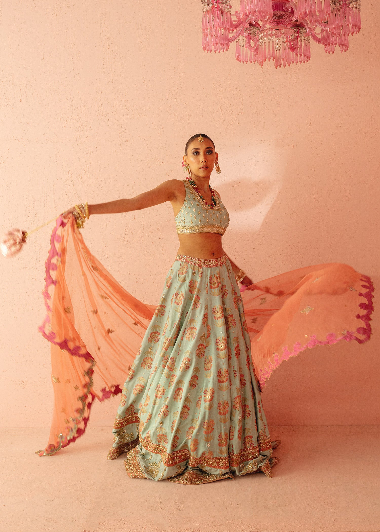 Pakistani Turquoise Embellished Tassle Silk Lehenga Choli (3-Piece) - Image 3