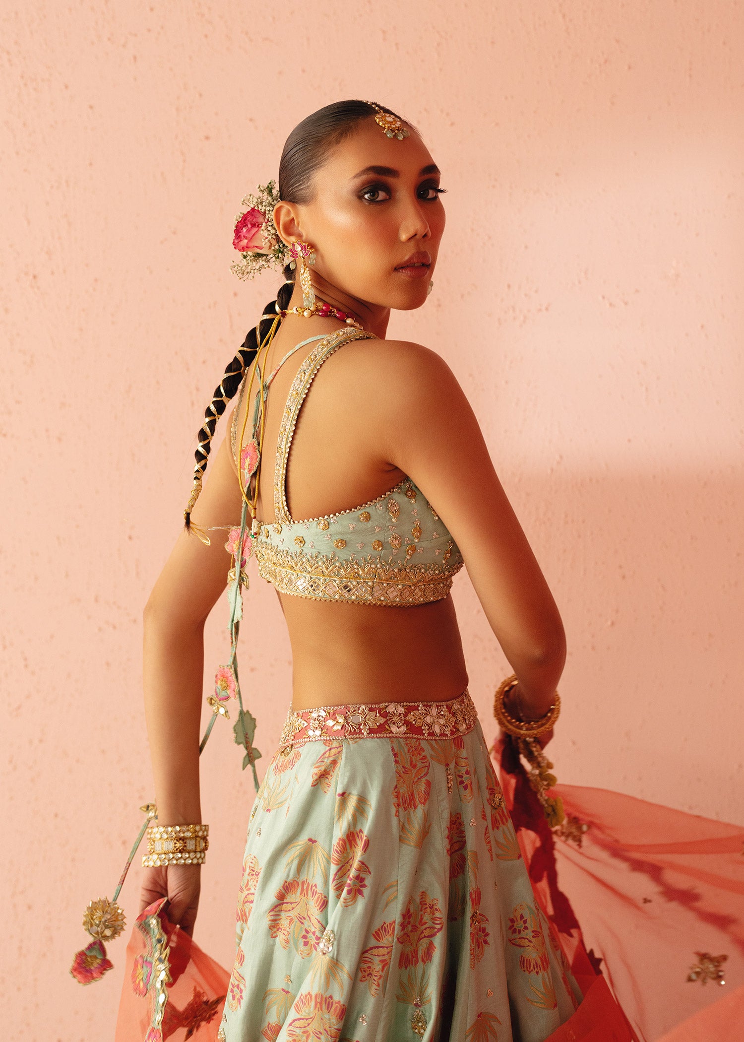 Pakistani Turquoise Embellished Tassle Silk Lehenga Choli (3-Piece) - Image 4