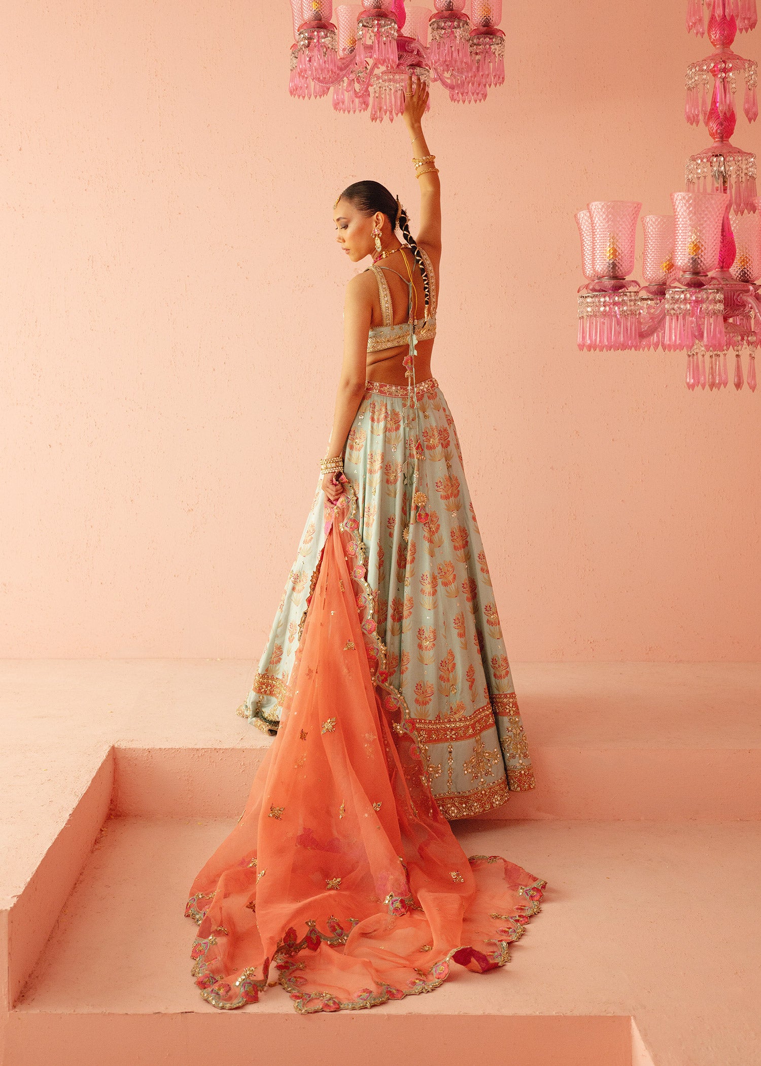 Pakistani Turquoise Embellished Tassle Silk Lehenga Choli (3-Piece) - Image 5