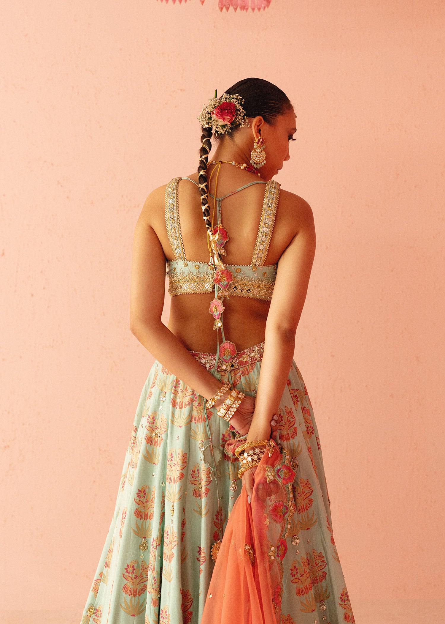 Pakistani Turquoise Embellished Tassle Silk Lehenga Choli (3-Piece) - Image 6