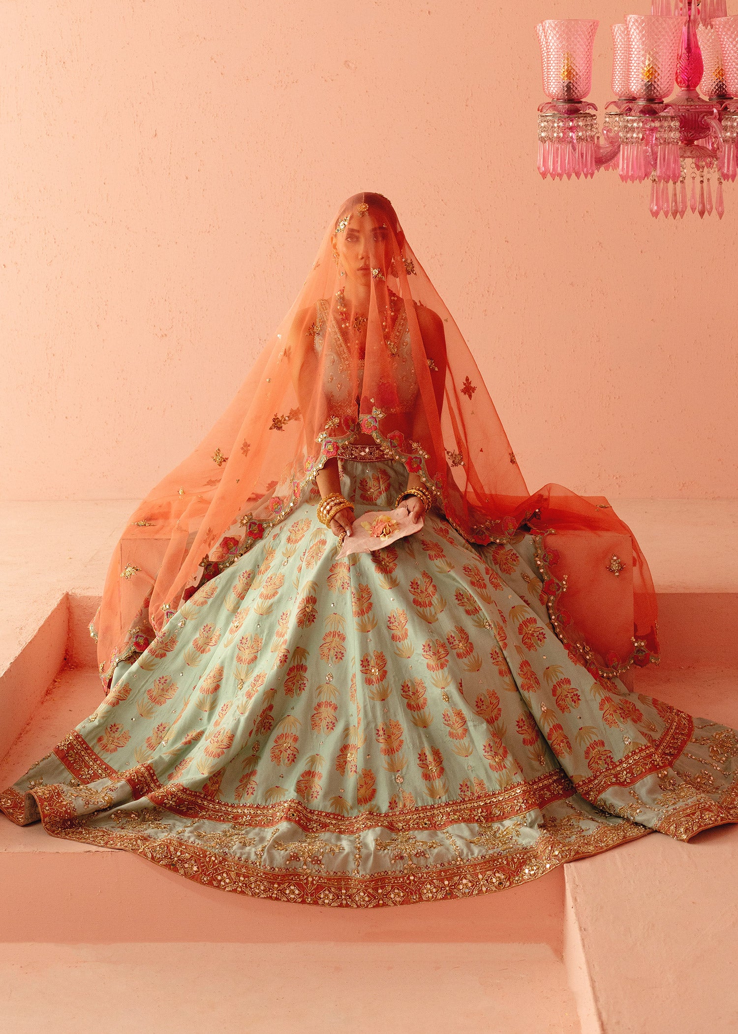 Pakistani Turquoise Embellished Tassle Silk Lehenga Choli (3-Piece) - Image 7