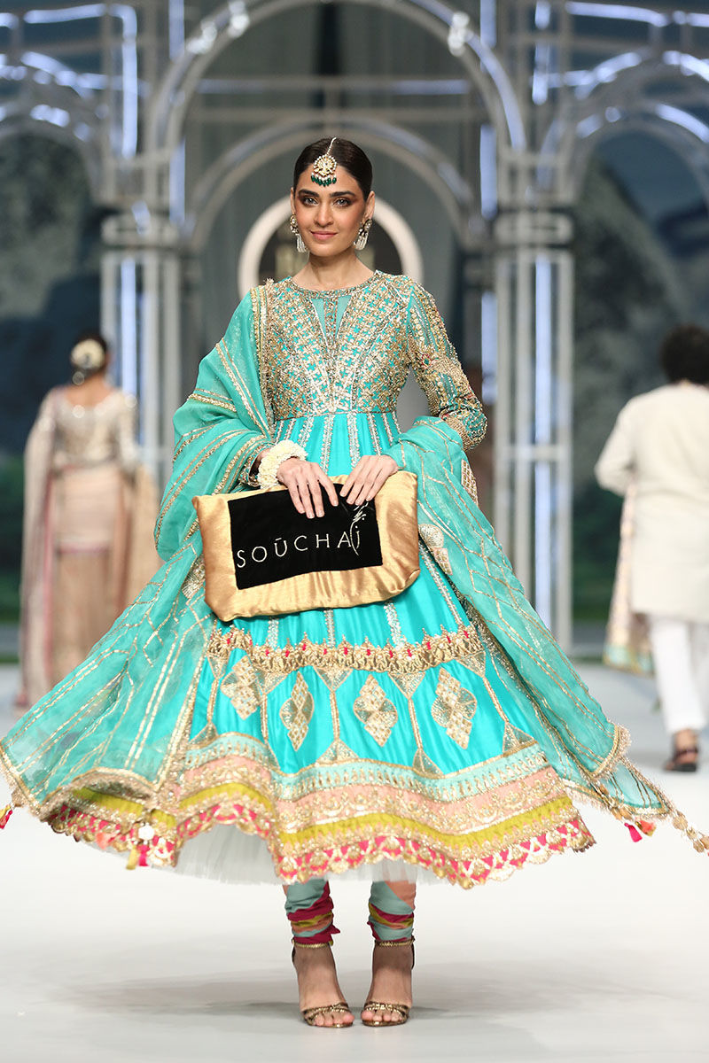 Turquoise Embellished Silk Pishwas Dress (3-Piece) - Image 2