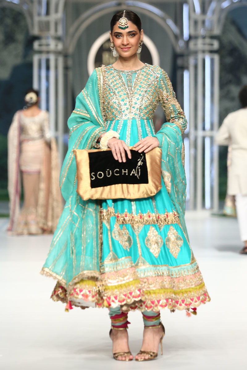 Turquoise Embellished Silk Pishwas Dress (3-Piece) - Image 3