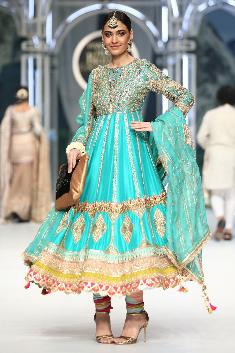 Turquoise Embellished Silk Pishwas Dress (3-Piece) - Image 4