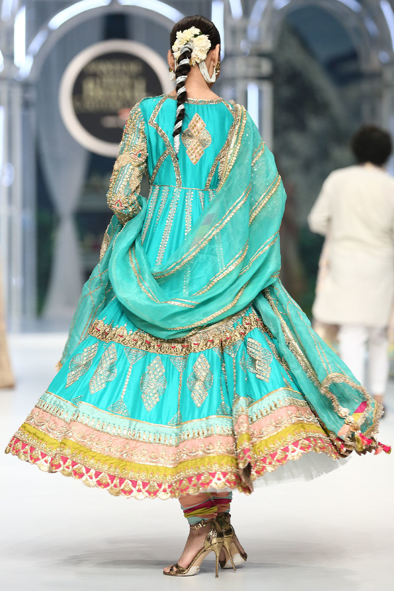Turquoise Embellished Silk Pishwas Dress (3-Piece) - Image 5