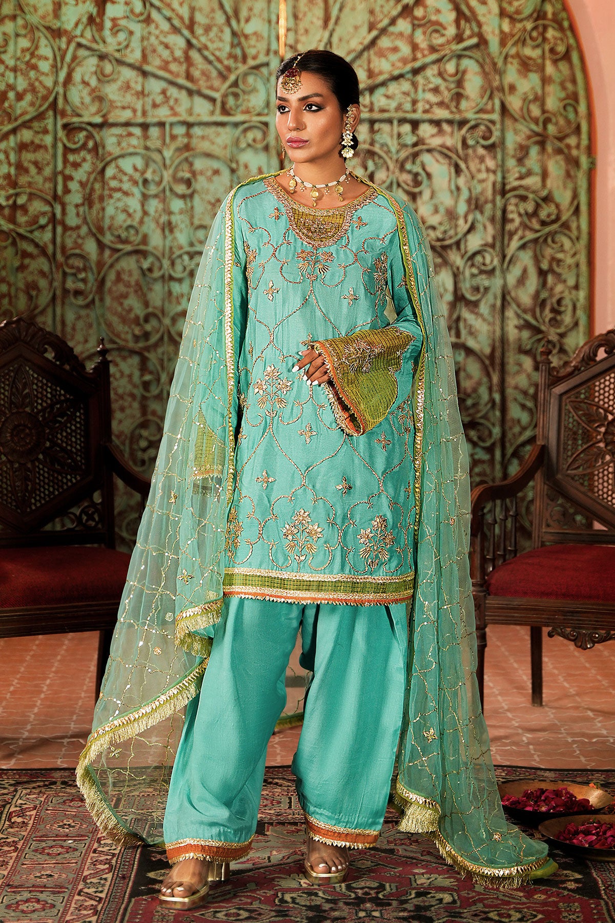 Turquoise Gota Embroidered Cotton Net Salwar Kameez (3-Piece) - Image 1