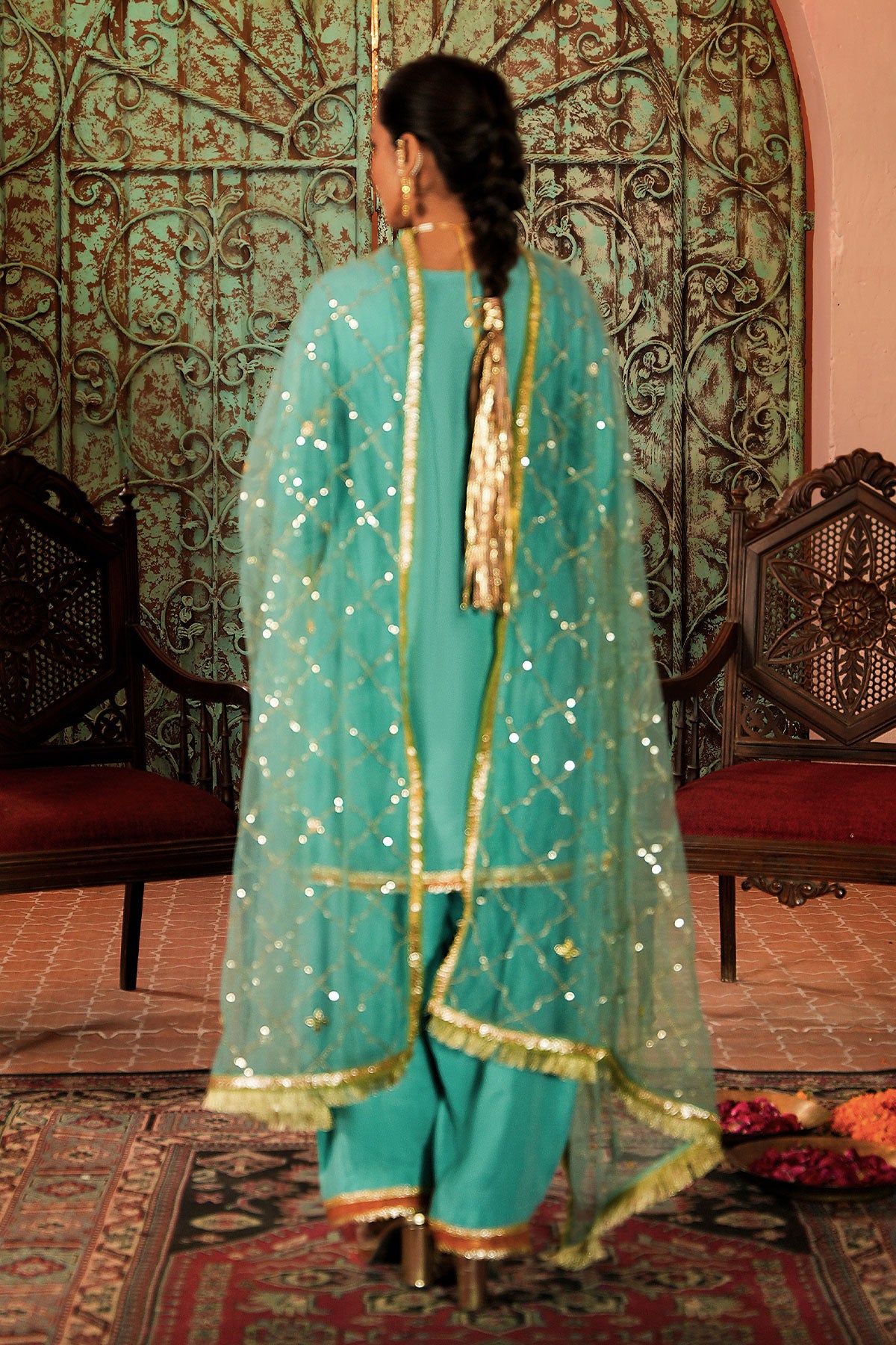 Turquoise Gota Embroidered Cotton Net Salwar Kameez (3-Piece) - Image 2