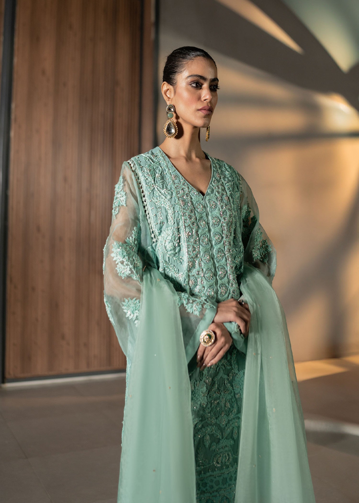 Turquoise Embroidered Cotton Net & Organza Kurta Set (4-Piece) - Image 3