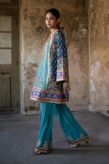 Pakistani Ferozi Embroidered Cotton Zari Net Kurta Set (2-Piece) - Image 3