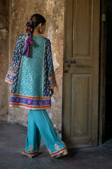 Pakistani Ferozi Embroidered Cotton Zari Net Kurta Set (2-Piece) - Image 4