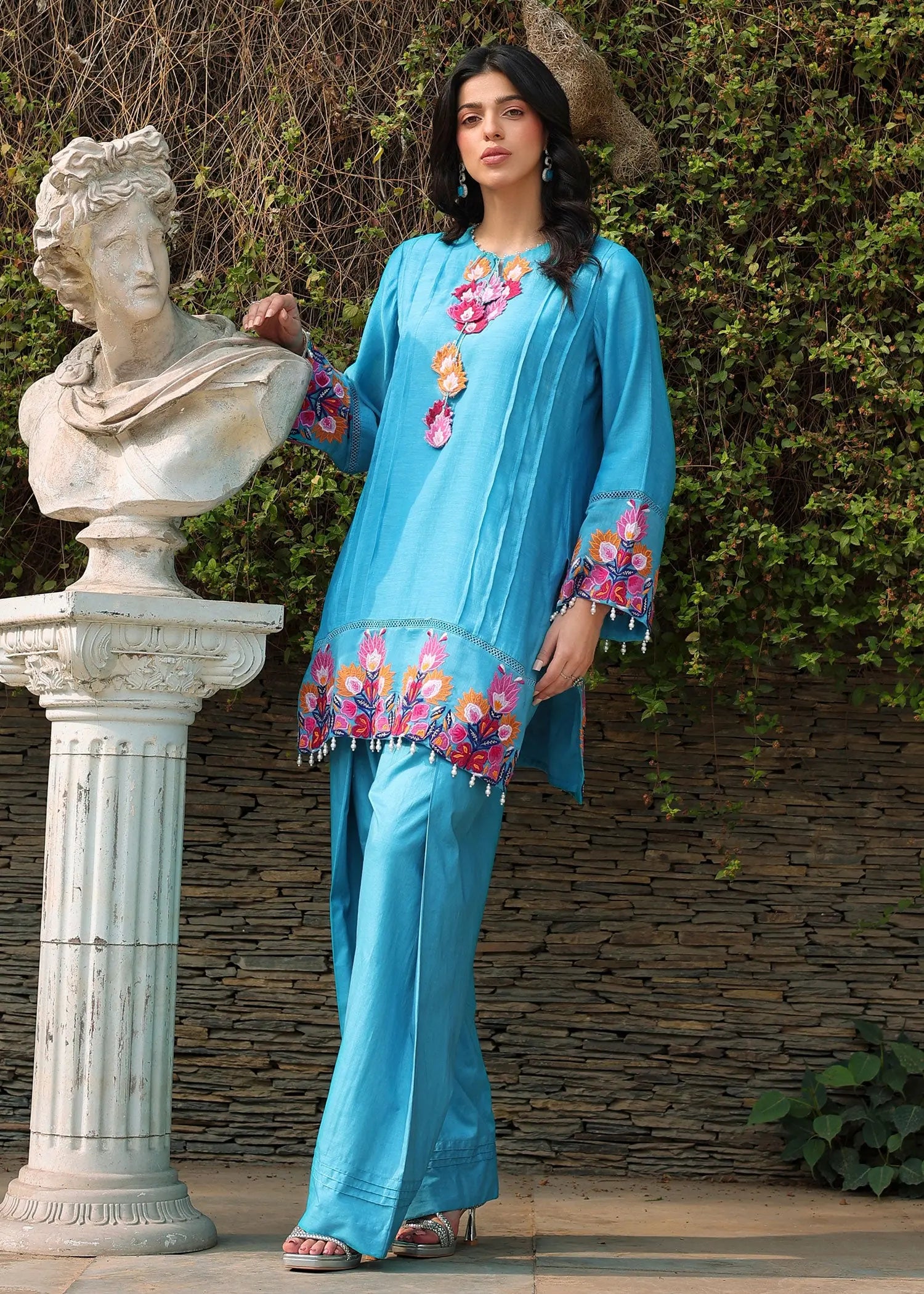 Pakistani Ferozi Embroidered Kora Cotton Salwar Kameez (2-Piece) - Image 1