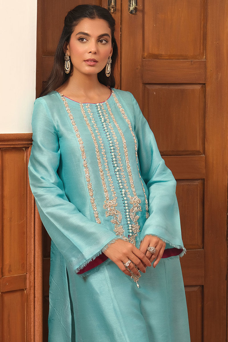 Turquoise Hand Embellished Korean Raw Silk Salwar Kameez (3-Piece) - Image 3