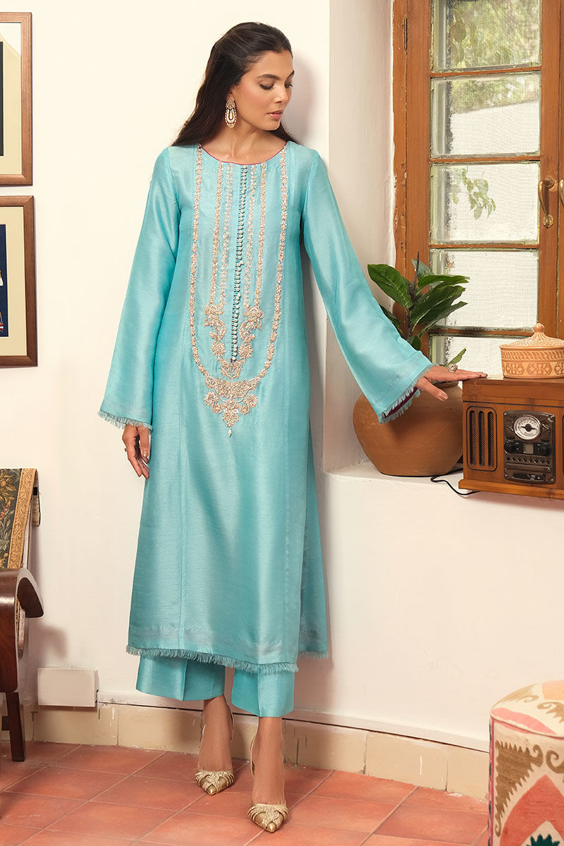 Turquoise Hand Embellished Korean Raw Silk Salwar Kameez (3-Piece) - Image 4