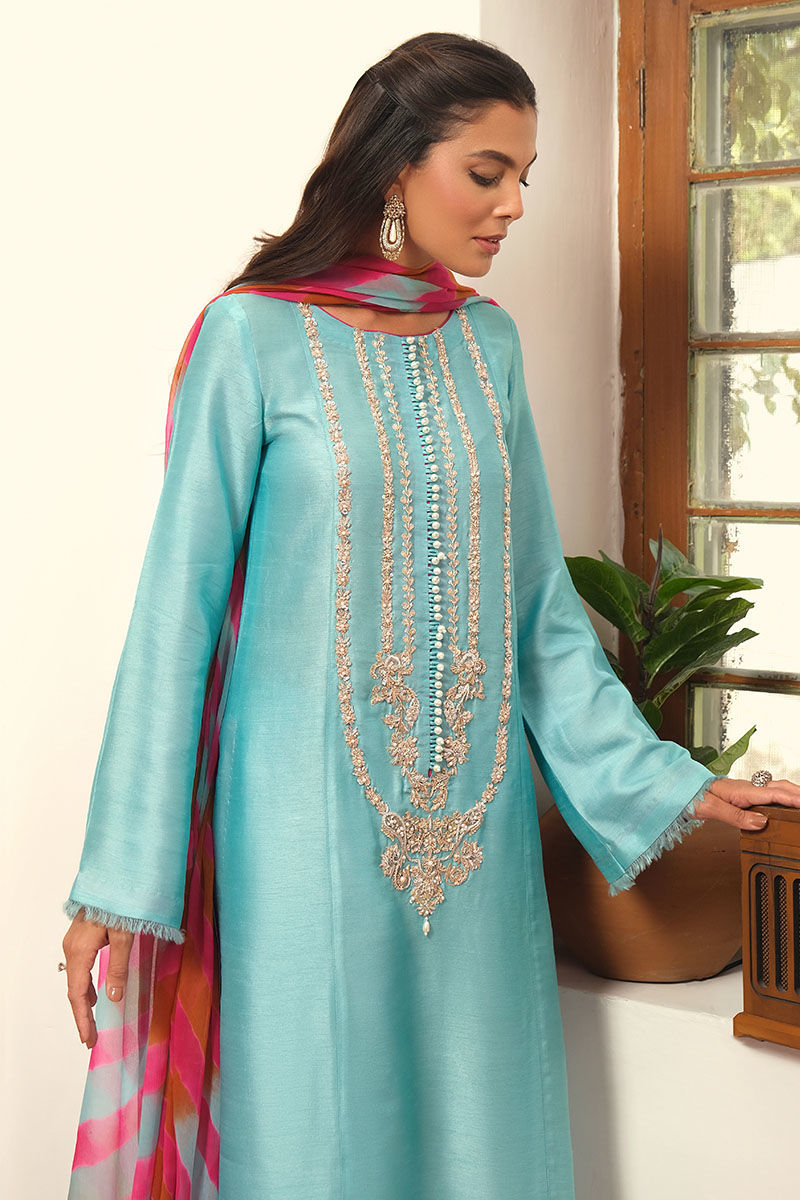 Turquoise Hand Embellished Korean Raw Silk Salwar Kameez (3-Piece) - Image 5
