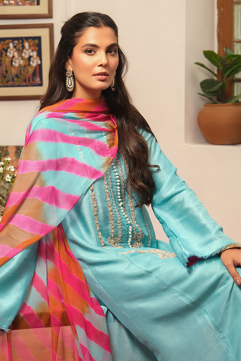 Turquoise Hand Embellished Korean Raw Silk Salwar Kameez (3-Piece) - Image 6