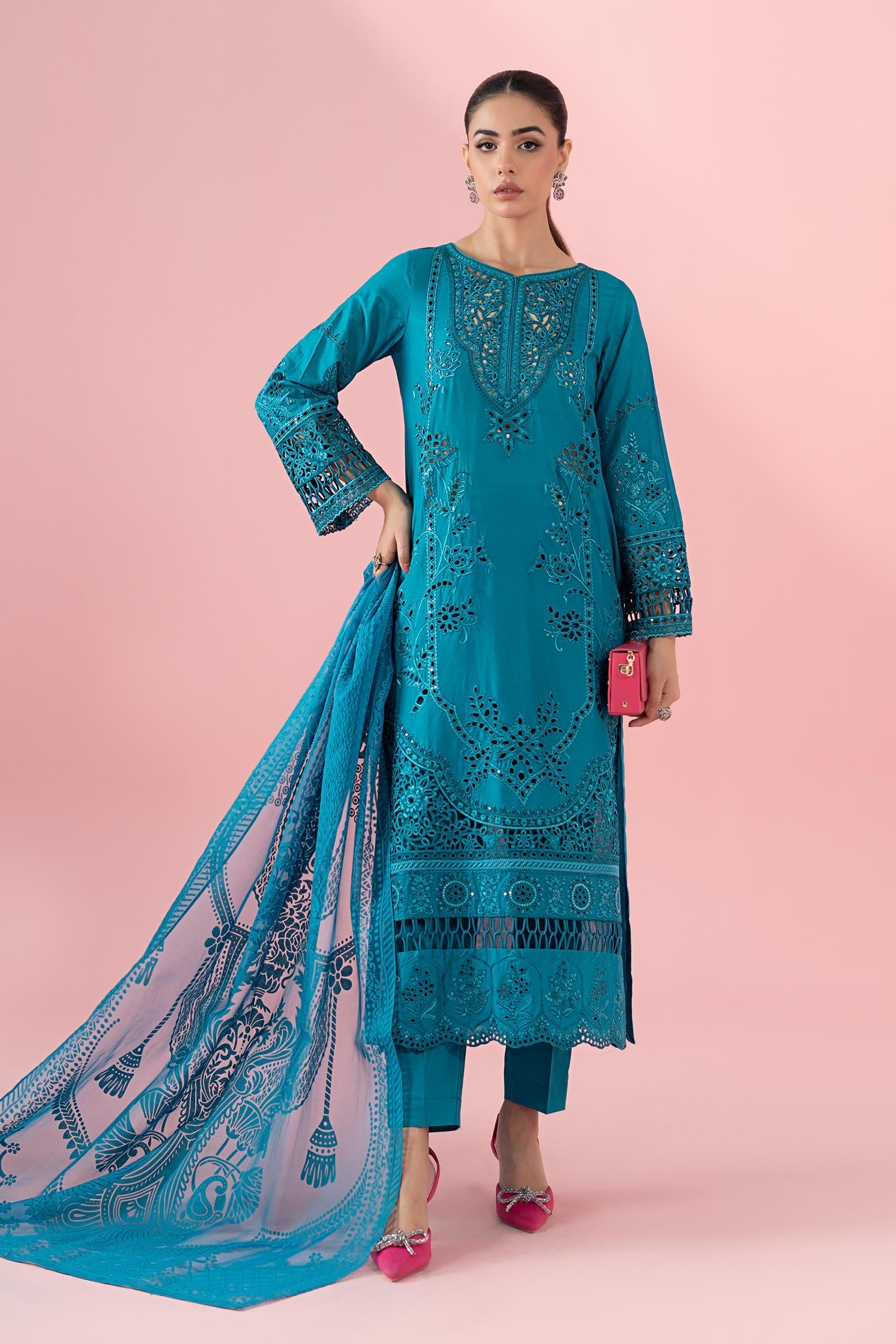 Turquoise Embroidered Lawn Salwar Kameez (3-Piece) - Image 2