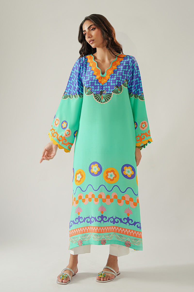 Pakistani Turquoise Blue Printed Pure Crepe Kurta (1-Pc) - Image 1