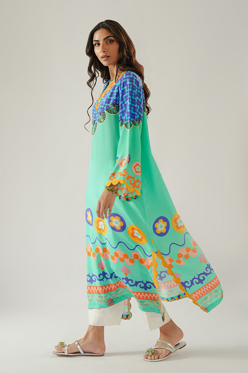 Pakistani Turquoise Blue Printed Pure Crepe Kurta (1-Pc) - Image 2