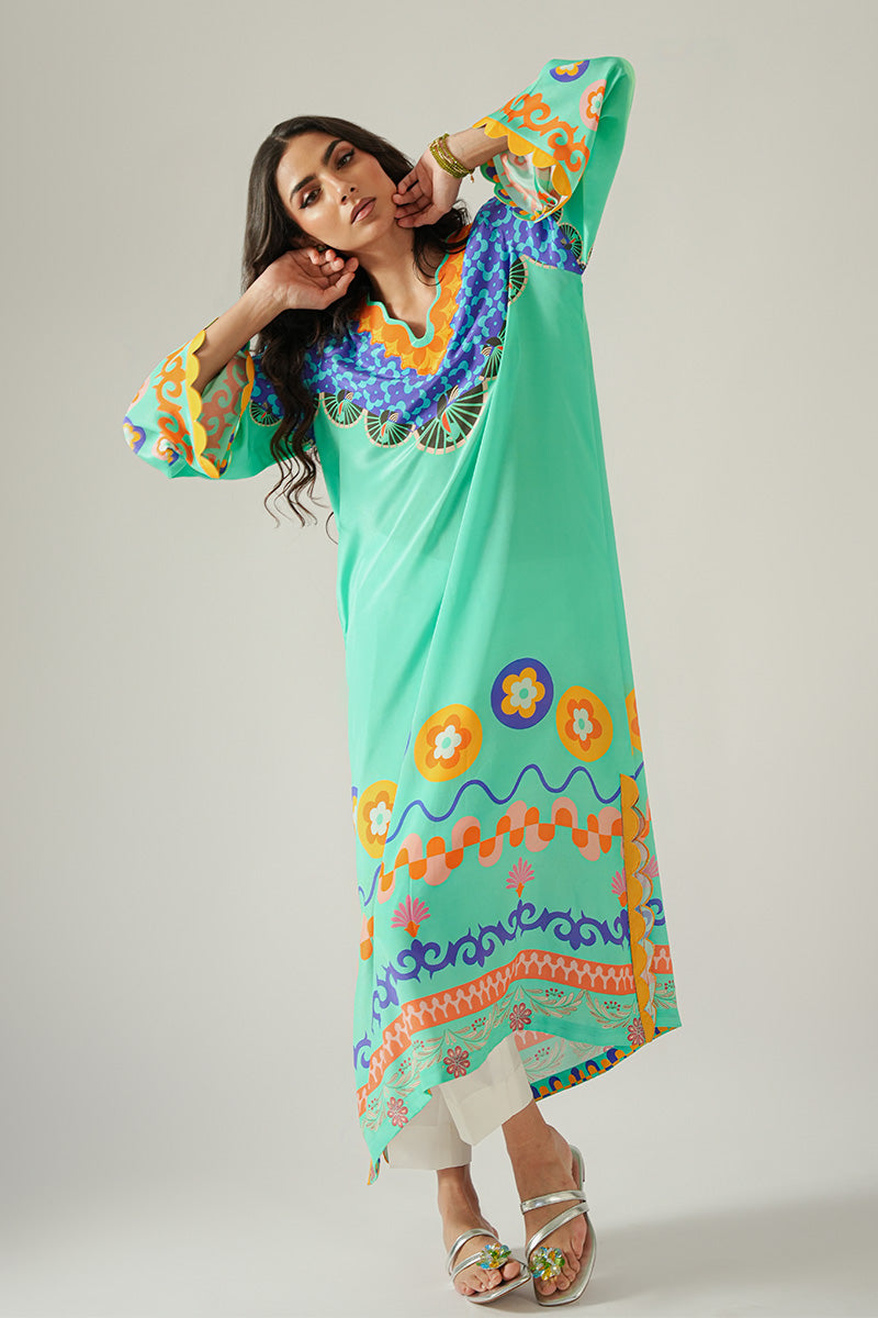 Pakistani Turquoise Blue Printed Pure Crepe Kurta (1-Pc) - Image 4
