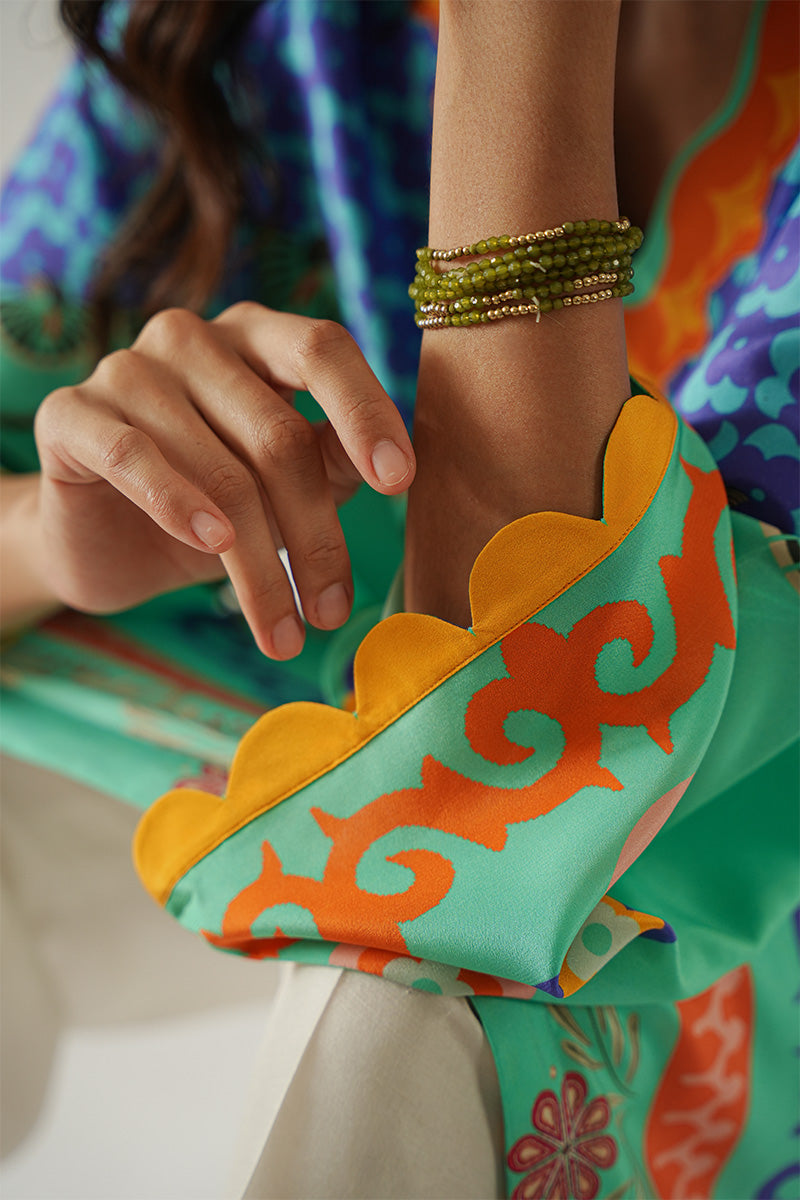 Pakistani Turquoise Blue Printed Pure Crepe Kurta (1-Pc) - Image 6