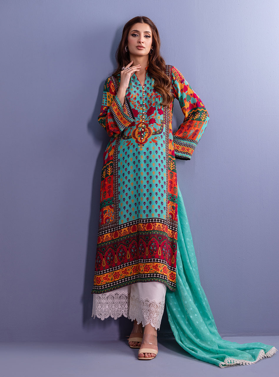 Turquoise Digital Print Silk Salwar Kameez (3-Piece) - Image 2
