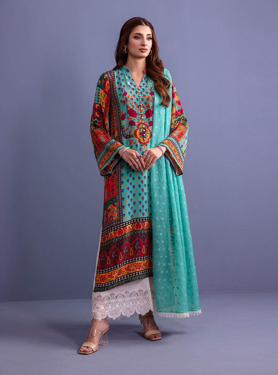 Turquoise Digital Print Silk Salwar Kameez (3-Piece) - Image 3