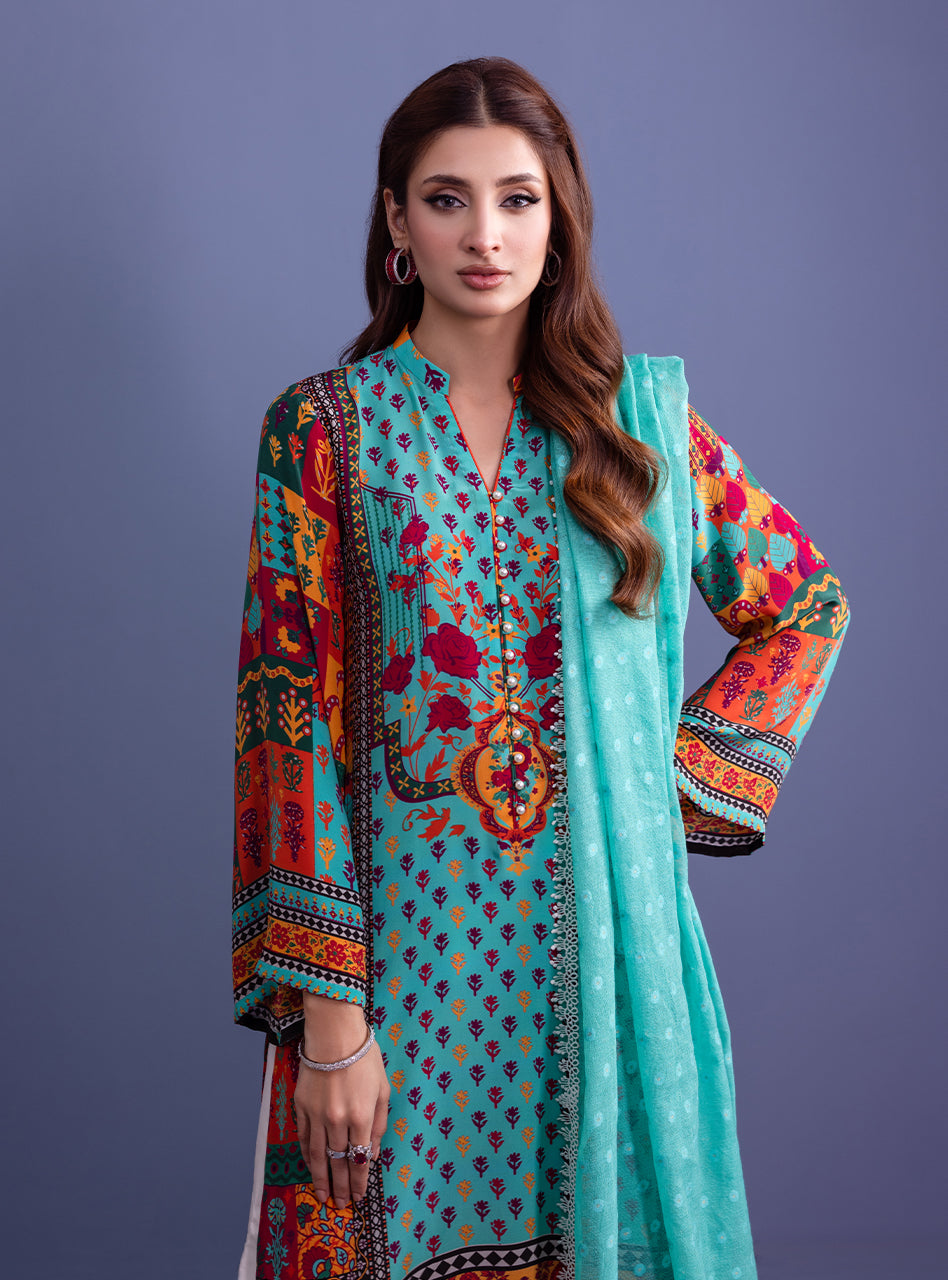 Turquoise Digital Print Silk Salwar Kameez (3-Piece) - Image 4