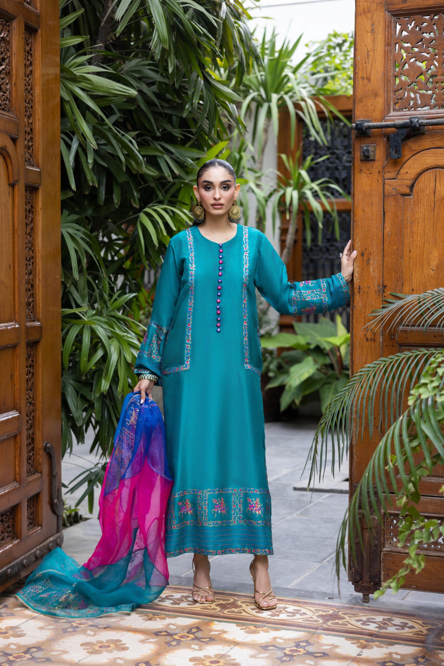 Pakistani Turquoise Block Printed Raw Silk Long Shirt (3-Piece) - Image 2