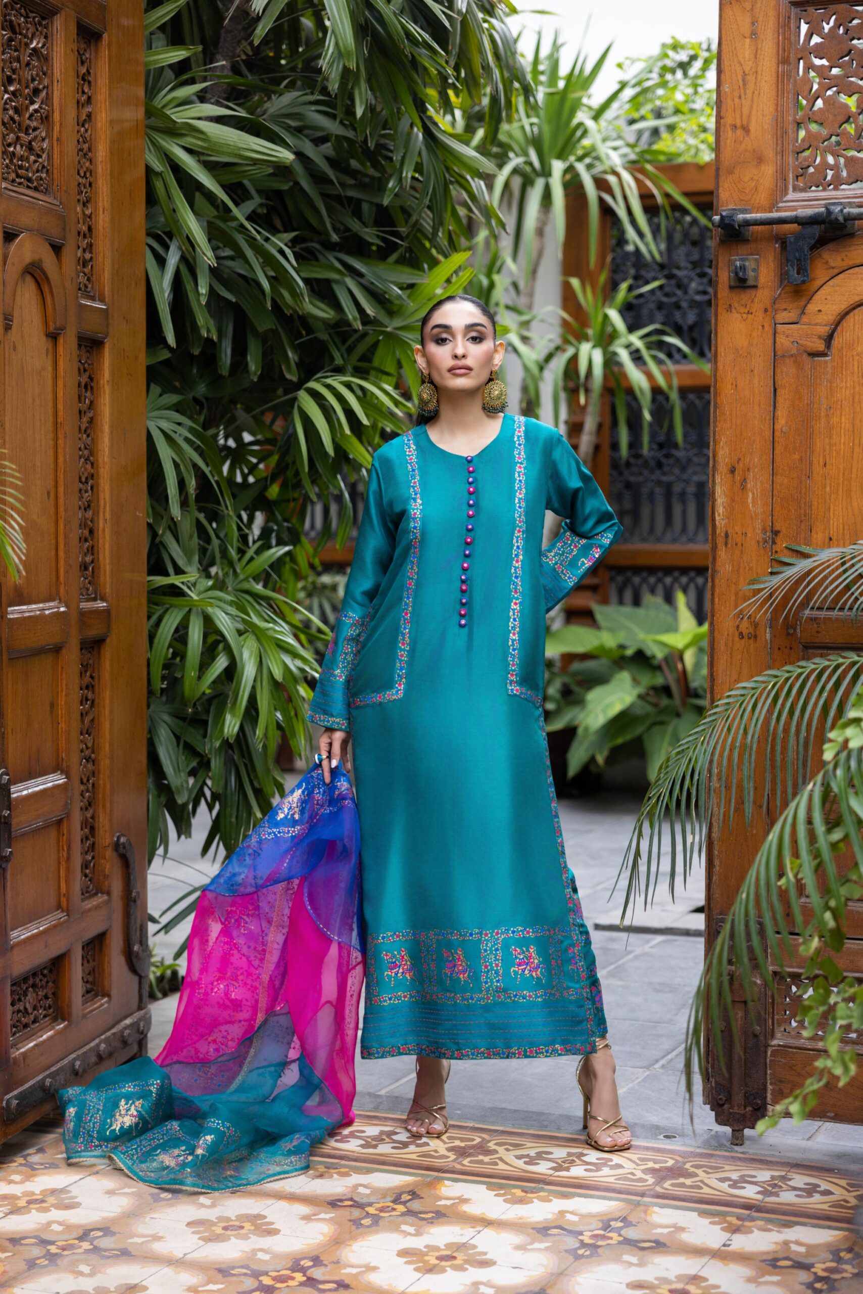 Pakistani Turquoise Block Printed Raw Silk Long Shirt (3-Piece) - Image 3