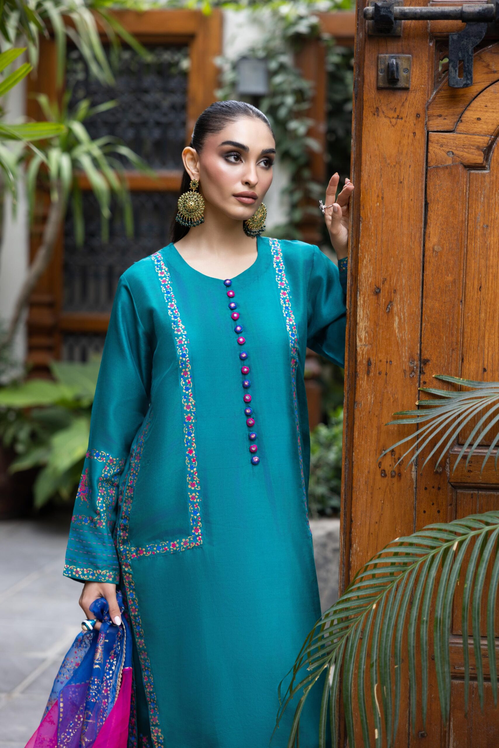 Pakistani Turquoise Block Printed Raw Silk Long Shirt (3-Piece) - Image 4