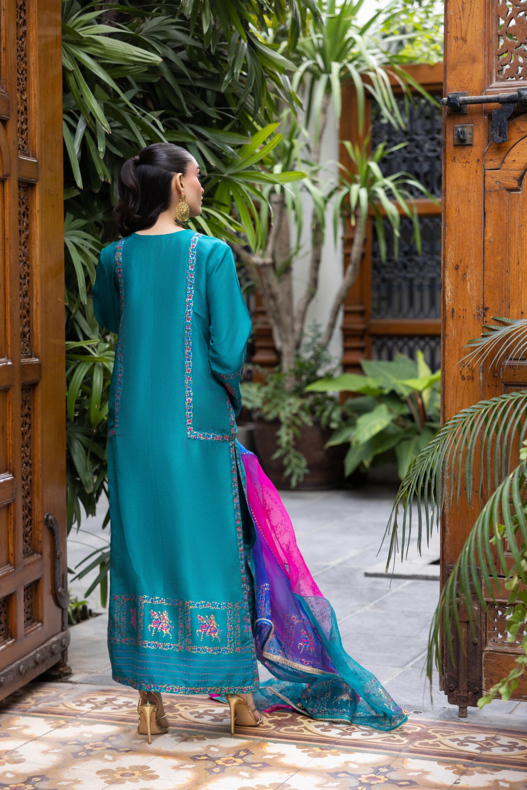 Pakistani Turquoise Block Printed Raw Silk Long Shirt (3-Piece) - Image 5