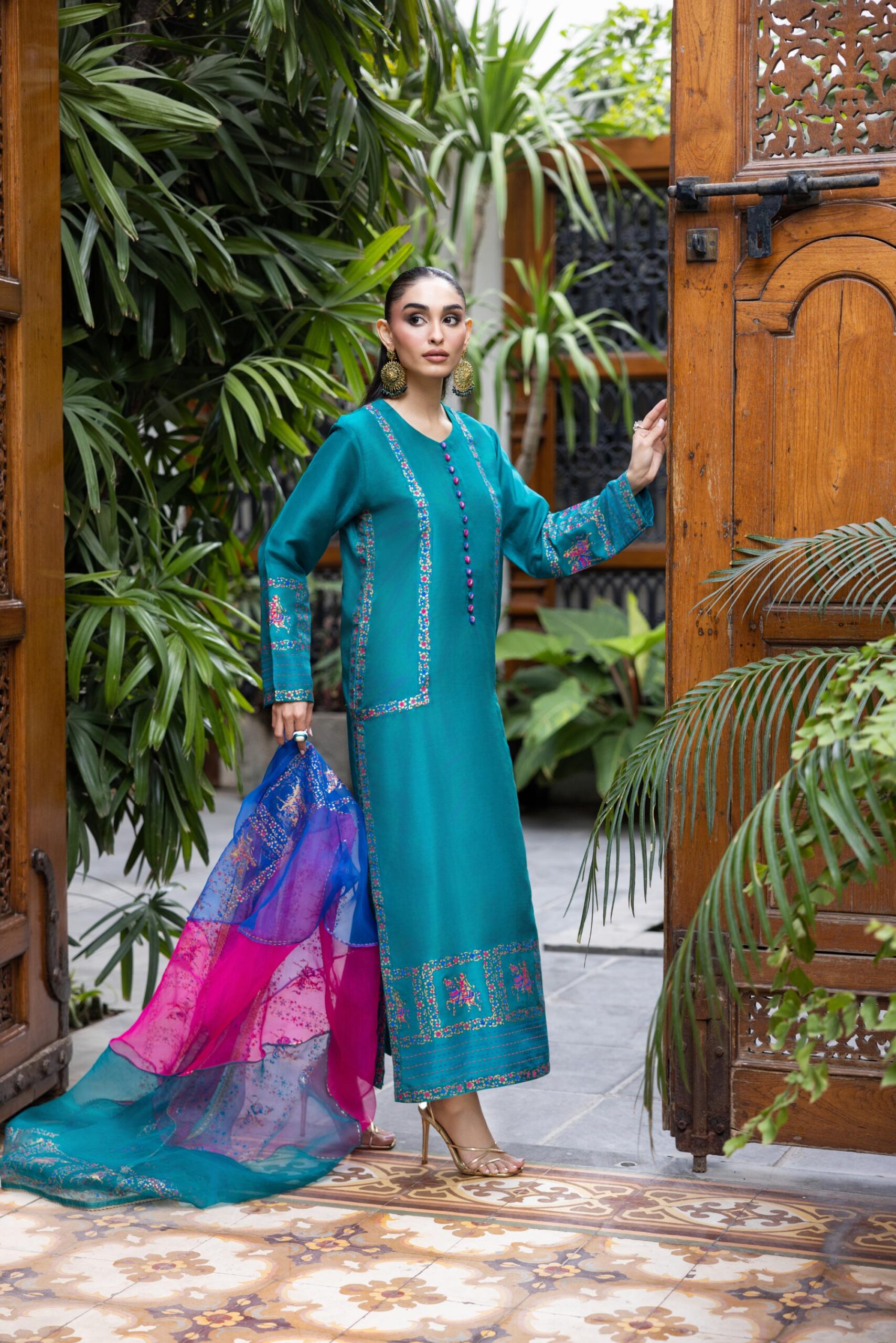 Pakistani Turquoise Block Printed Raw Silk Long Shirt (3-Piece) - Image 6