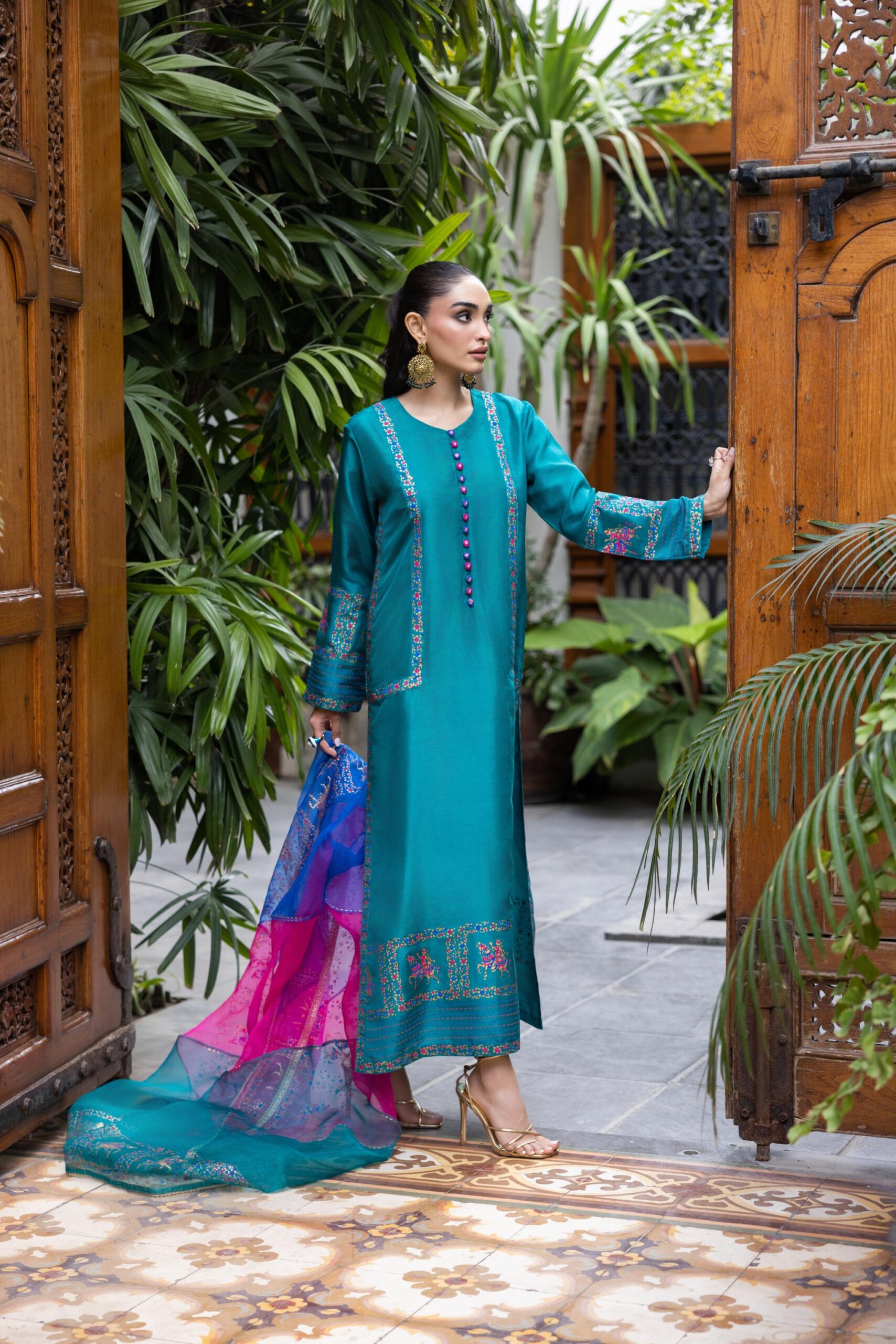 Pakistani Turquoise Block Printed Raw Silk Long Shirt (3-Piece) - Image 7