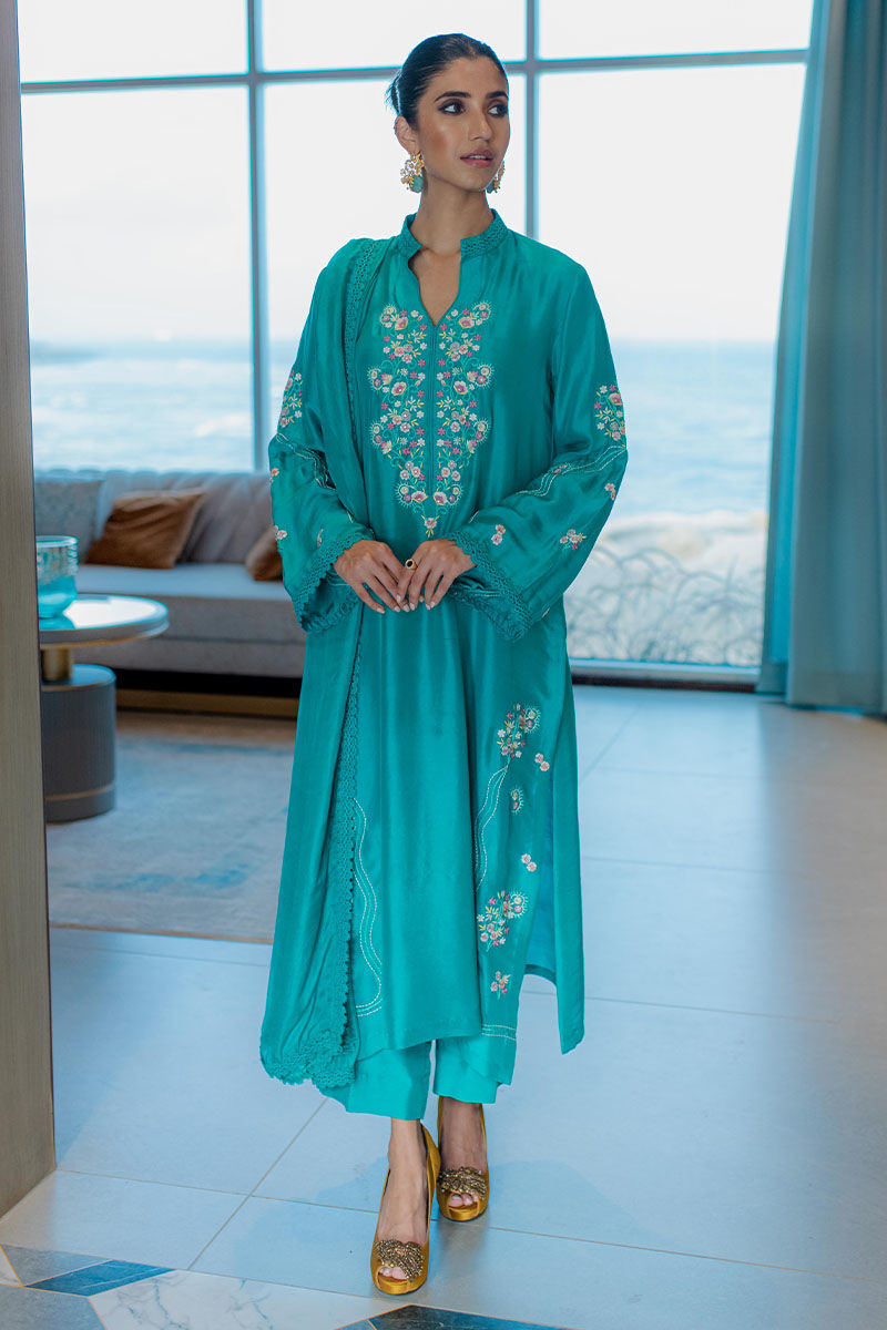 Pakistani Freshwater Turquoise Embroidered Raw Silk Salwar Kameez (3-Piece) - Image 1