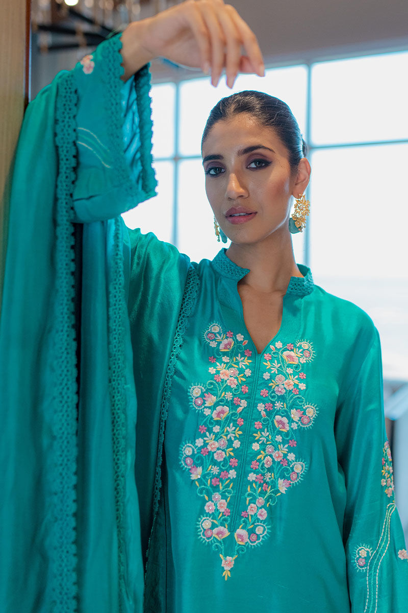 Pakistani Freshwater Turquoise Embroidered Raw Silk Salwar Kameez (3-Piece) - Image 3