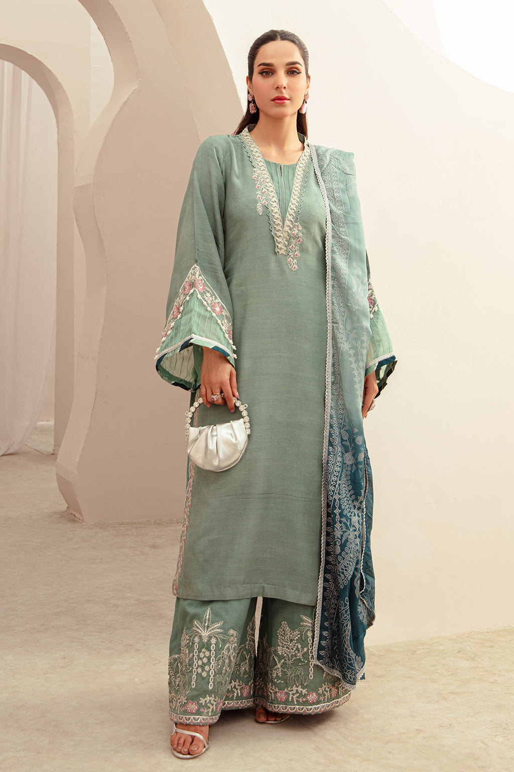 Deep Turquoise Embroidered Raw Silk Salwar Kameez (3-Piece) - Image 1