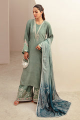 Deep Turquoise Embroidered Raw Silk Salwar Kameez (3-Piece) - Image 3