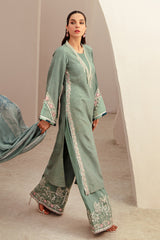 Deep Turquoise Embroidered Raw Silk Salwar Kameez (3-Piece) - Image 4