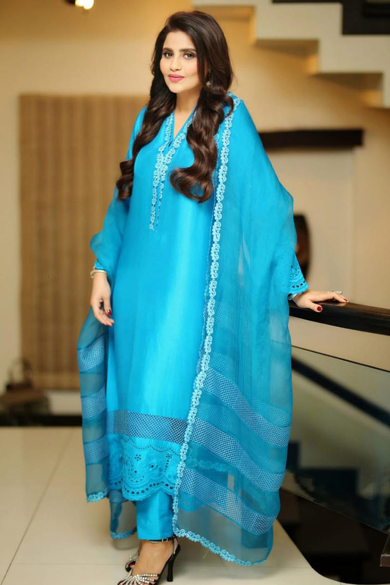 Turquoise Schiffli Raw Silk Salwar Kameez (3-Piece) - Image 1