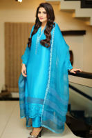 Turquoise Schiffli Raw Silk Salwar Kameez (3-Piece) - Image 2