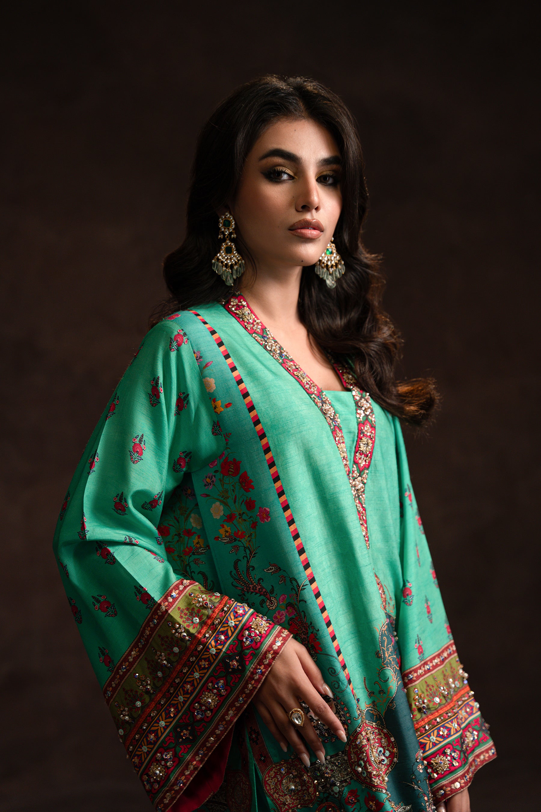 Turquoise Hand Embellished Silk Co-ord Set (3-Piece) - Image 4