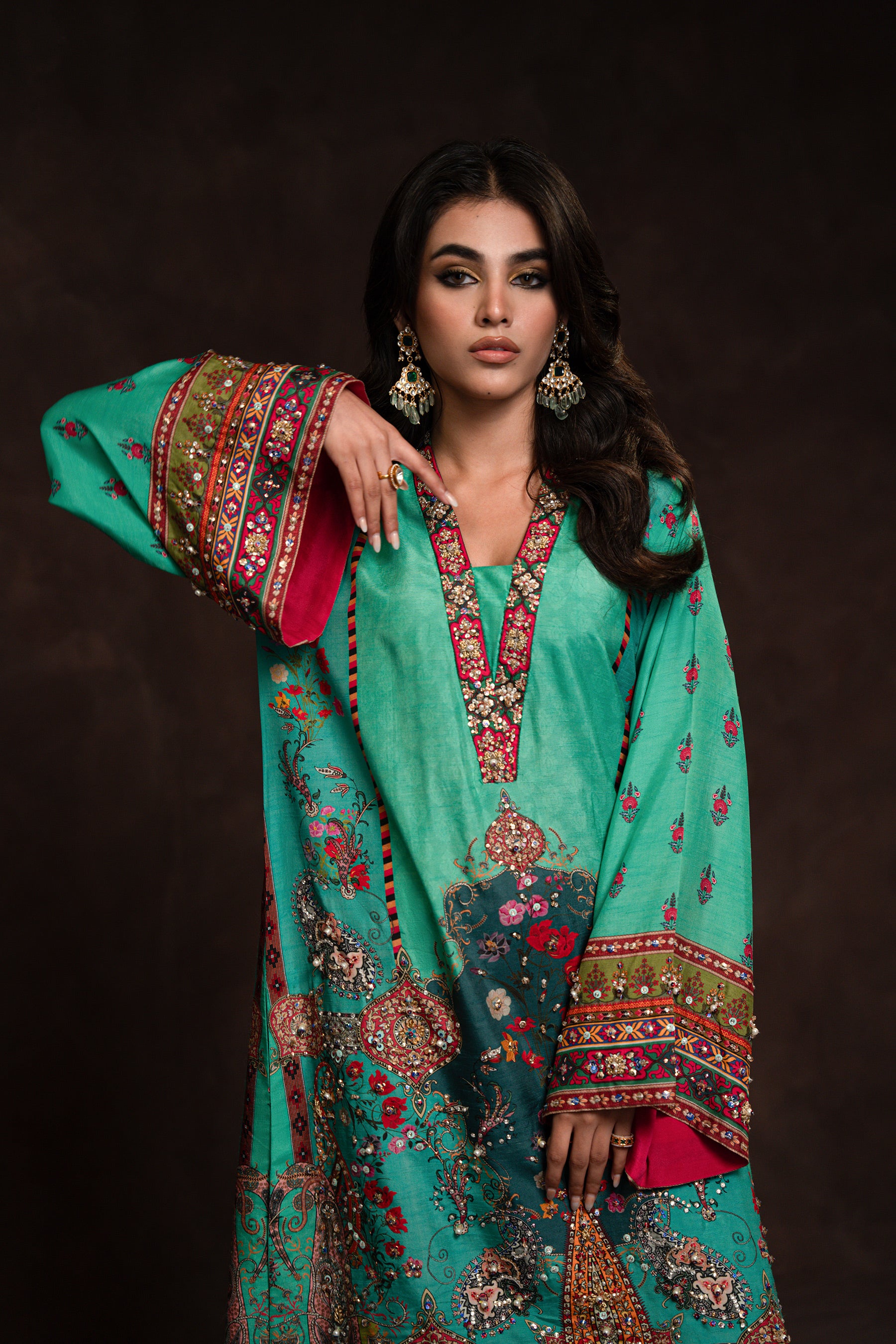 Turquoise Hand Embellished Silk Co-ord Set (3-Piece) - Image 5