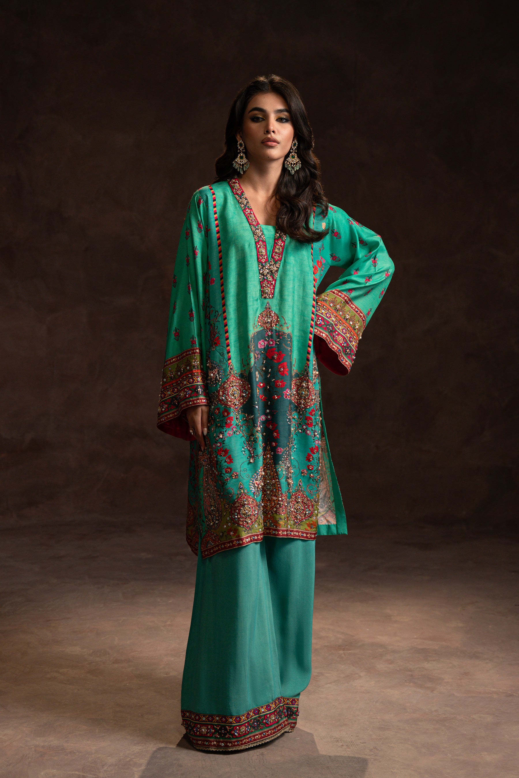 Pakistani Turquoise Hand Embellished Silk Co-ord Set (3-Piece) - Image 1