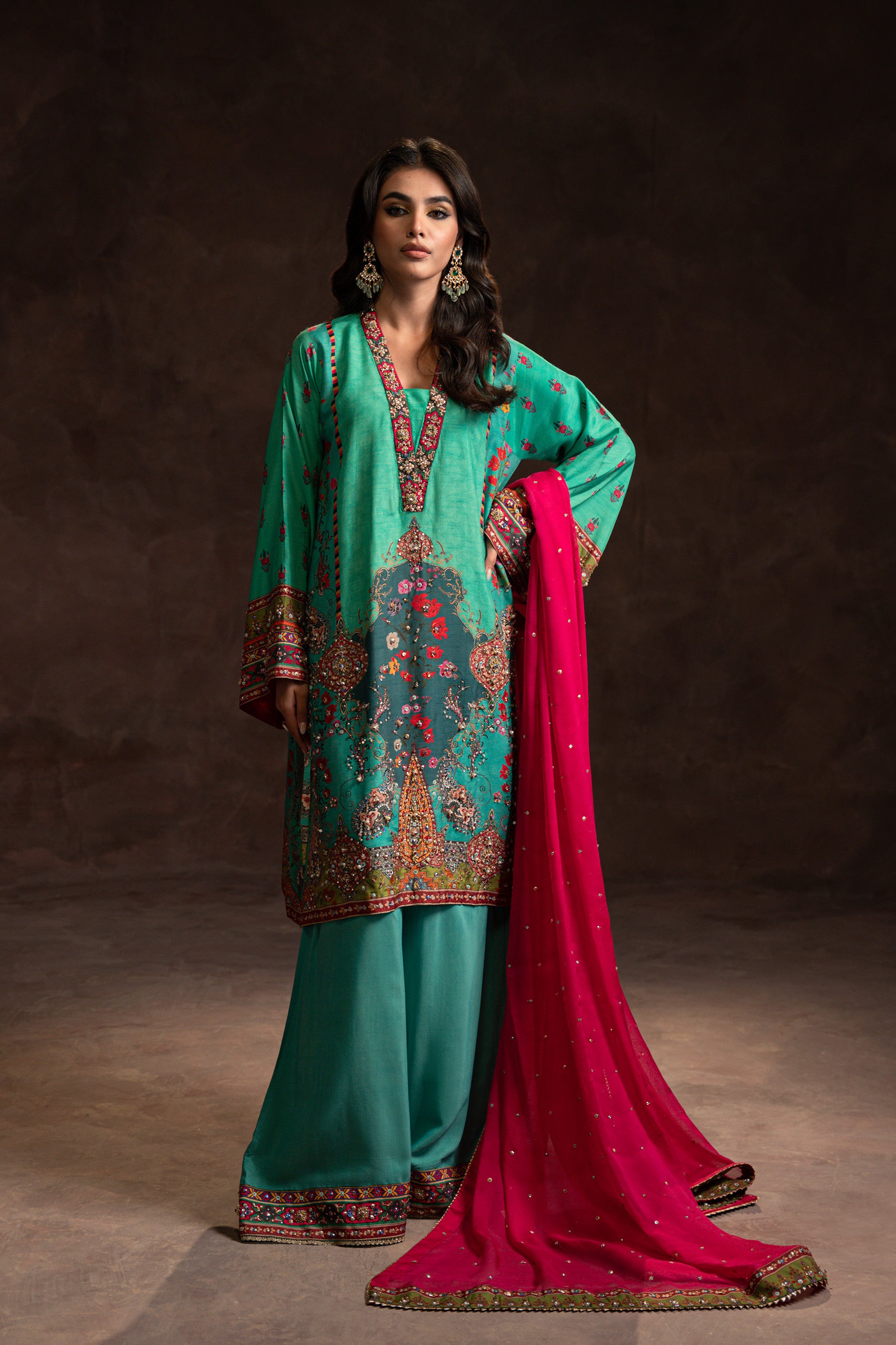 Pakistani Turquoise Hand Embellished Silk Co-ord Set (3-Piece) - Image 2