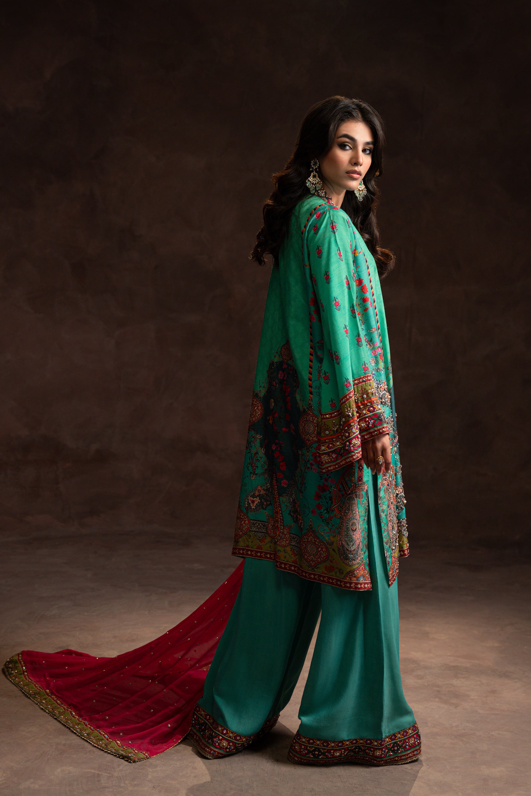 Pakistani Turquoise Hand Embellished Silk Co-ord Set (3-Piece) - Image 3