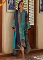 Pakistani Turquoise Navy Embroidered Raw Silk Salwar Kameez (2-Piece) - Image 2