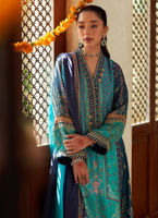 Pakistani Turquoise Navy Embroidered Raw Silk Salwar Kameez (2-Piece) - Image 3