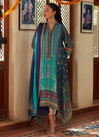 Pakistani Turquoise Navy Embroidered Raw Silk Salwar Kameez (2-Piece) - Image 4