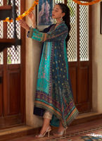 Pakistani Turquoise Navy Embroidered Raw Silk Salwar Kameez (2-Piece) - Image 5