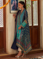 Pakistani Turquoise Navy Embroidered Raw Silk Salwar Kameez (2-Piece) - Image 6